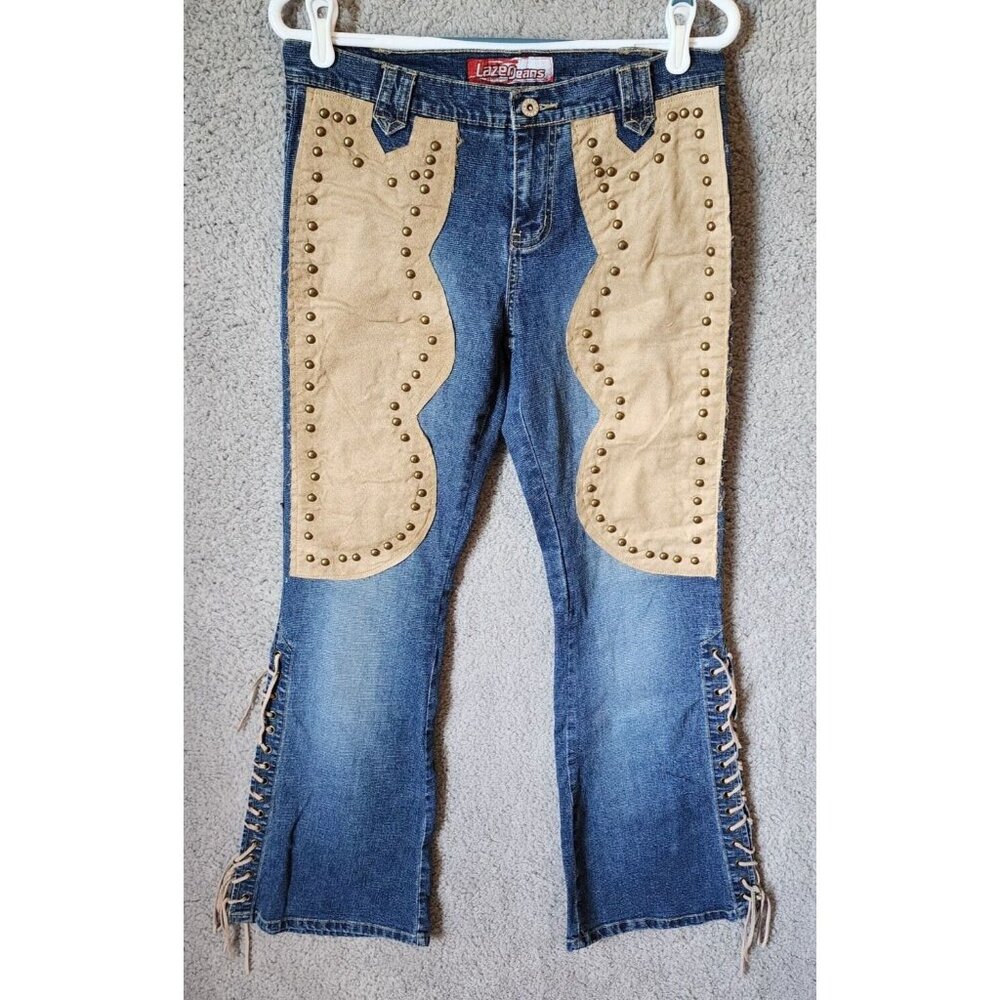 Vtg Y2K LazerJeans Low Rise Side Lace Up Flare Jeans Suede Western Studded Sz 11